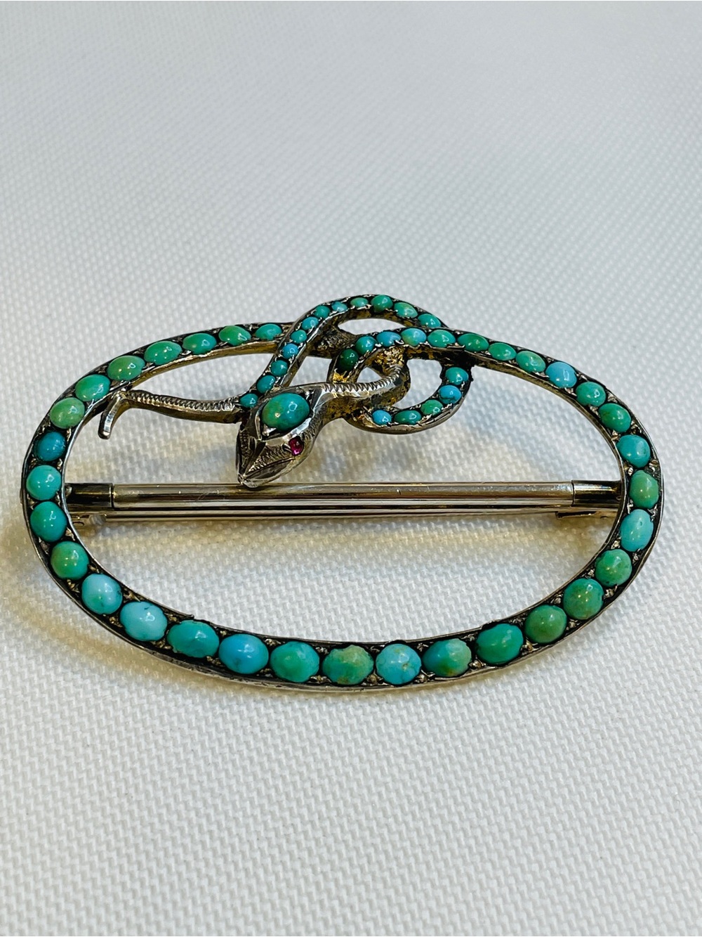 Victorian snake Silver And 14K white gold Turquoise brooch